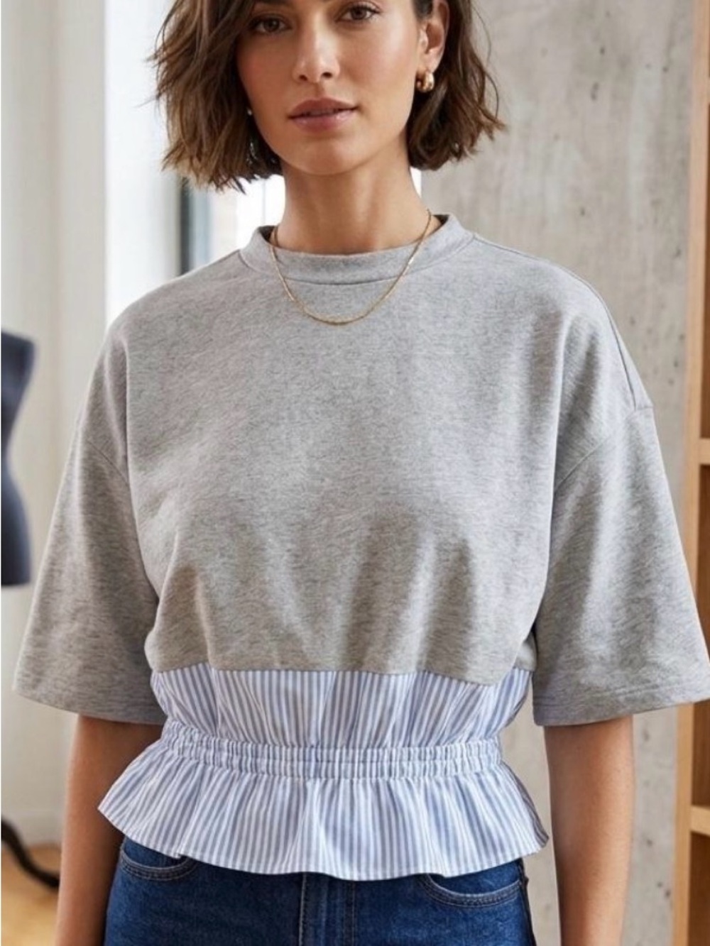 Anthropologie Grey Sweatshirt with Blue-White Striped Peplum